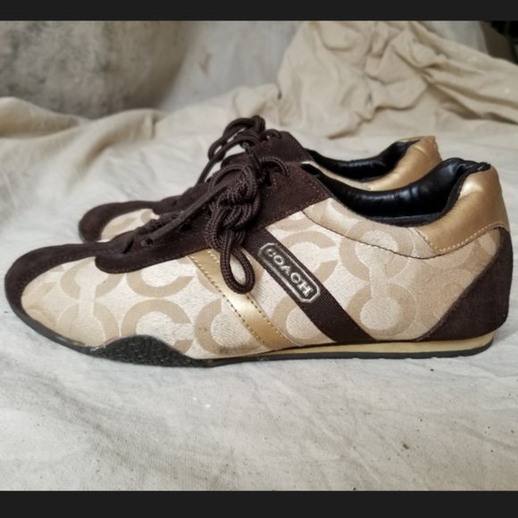 Coach Joss Signature Sued Sneakers Gold & Brown Size 9M - Picture 3 of 15